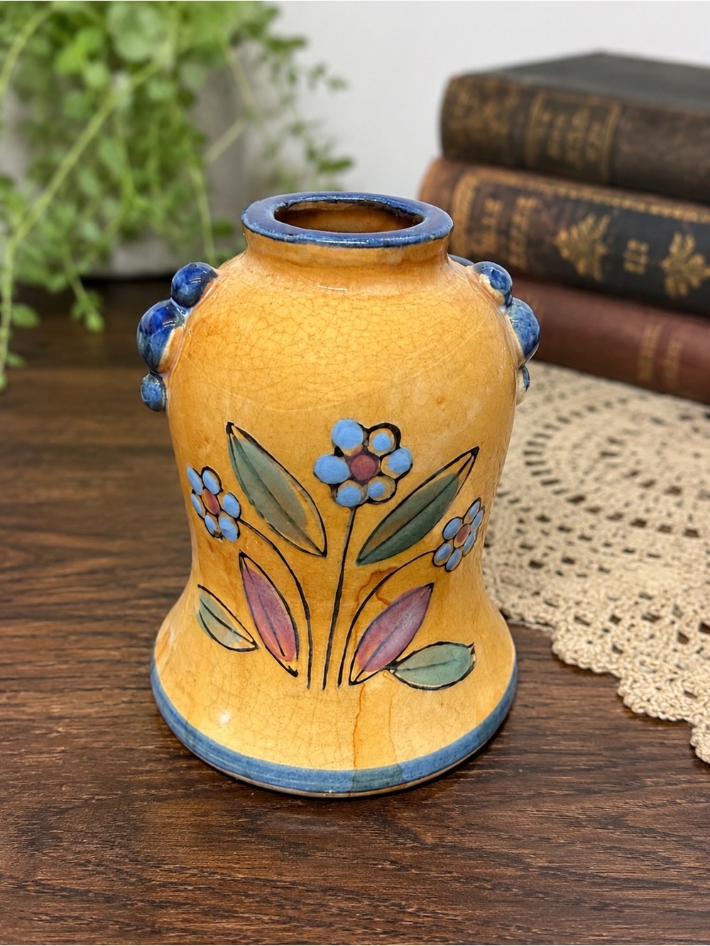Vintage Art Pottery Floral Vase Yellow Crackle Glaze Blue Handles 5” As Is